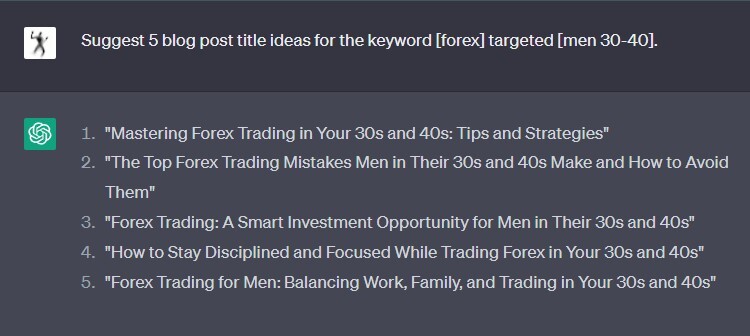 Suggest 5 blog post title ideas for the keyword [forex] targeted [men 30-40].